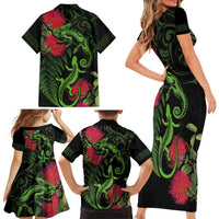 New Zealand Chameleon and Gecko Family Matching Short Sleeve Bodycon Dress and Hawaiian Shirt Maori Silver Fern and Pohutukawa Decoration
