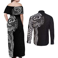 Polynesian Art Traditional Tattoo Pattern Couples Matching Off Shoulder Maxi Dress and Long Sleeve Button Shirt