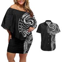 Polynesian Art Traditional Tattoo Pattern Couples Matching Off Shoulder Short Dress and Hawaiian Shirt
