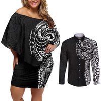 Polynesian Art Traditional Tattoo Pattern Couples Matching Off Shoulder Short Dress and Long Sleeve Button Shirt