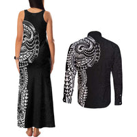 Polynesian Art Traditional Tattoo Pattern Couples Matching Tank Maxi Dress and Long Sleeve Button Shirt