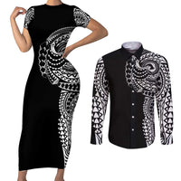 Polynesian Art Traditional Tattoo Couples Matching Short Sleeve Bodycon Dress and Long Sleeve Button Shirt Simple Style