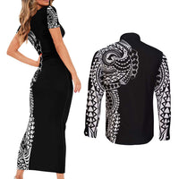 Polynesian Art Traditional Tattoo Couples Matching Short Sleeve Bodycon Dress and Long Sleeve Button Shirt Simple Style
