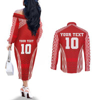 Custom Tonga Pacific Rugby 2024 Couples Matching Off The Shoulder Long Sleeve Dress and Long Sleeve Button Shirt Ngatu Tribal Pattern