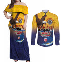 American Samoa Fautasi Couples Matching Off Shoulder Maxi Dress and Long Sleeve Button Shirt Bald Eage and Sailfish with Kakau Motifs - Polynesian Pride