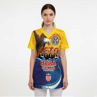 American Samoa Fautasi Scrub Top Bald Eage and Sailfish with Kakau Motifs - Polynesian Pride