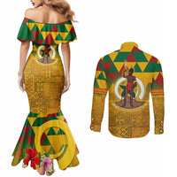 Melanesian Vanuatu Couples Matching Mermaid Dress and Long Sleeve Button Shirt With Tapa Tribal Pattern and Triangle Geometric Tricolor - Polynesian Pride
