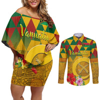 Melanesian Vanuatu Couples Matching Off Shoulder Short Dress and Long Sleeve Button Shirt With Tapa Tribal Pattern and Triangle Geometric Tricolor - Polynesian Pride