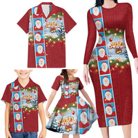Merry Christmas Family Matching Long Sleeve Bodycon Dress and Hawaiian Shirt Funny Santa Claus Cards Photo and Polynesian Pattern Red Color