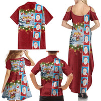 Merry Christmas Family Matching Summer Maxi Dress and Hawaiian Shirt Funny Santa Claus Cards Photo and Polynesian Pattern Red Color