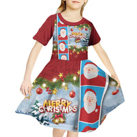 Merry Christmas Kid Short Sleeve Dress Funny Santa Claus Cards Photo and Polynesian Pattern Red Color