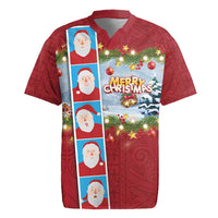 Merry Christmas Rugby Jersey Funny Santa Claus Cards Photo and Polynesian Pattern Red Color
