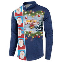 Merry Christmas Button Sweatshirt Funny Santa Claus Cards Photo and Polynesian Pattern Blue Color