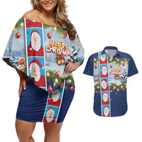 Merry Christmas Couples Matching Off Shoulder Short Dress and Hawaiian Shirt Funny Santa Claus Cards Photo and Polynesian Pattern Blue Color