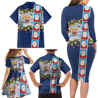 Merry Christmas Family Matching Long Sleeve Bodycon Dress and Hawaiian Shirt Funny Santa Claus Cards Photo and Polynesian Pattern Blue Color