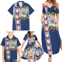 Merry Christmas Family Matching Summer Maxi Dress and Hawaiian Shirt Funny Santa Claus Cards Photo and Polynesian Pattern Blue Color