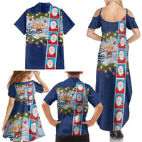 Merry Christmas Family Matching Summer Maxi Dress and Hawaiian Shirt Funny Santa Claus Cards Photo and Polynesian Pattern Blue Color