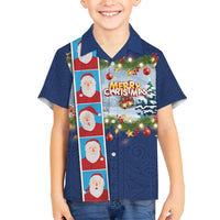 Merry Christmas Family Matching Tank Maxi Dress and Hawaiian Shirt Funny Santa Claus Cards Photo and Polynesian Pattern Blue Color LT03 Son's Shirt Blue - Polynesian Pride