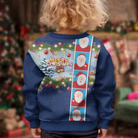 Merry Christmas Kid Ugly Christmas Sweater Funny Santa Claus Cards Photo and Polynesian Pattern Blue Color