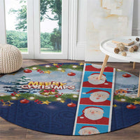 Merry Christmas Round Carpet Funny Santa Claus Cards Photo and Polynesian Pattern Blue Color LT03