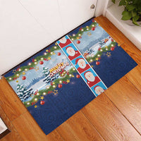 Merry Christmas Rubber Doormat Funny Santa Claus Cards Photo and Polynesian Pattern Blue Color LT03