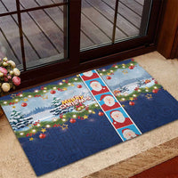 Merry Christmas Rubber Doormat Funny Santa Claus Cards Photo and Polynesian Pattern Blue Color LT03