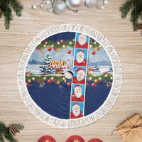 Merry Christmas Tree Skirt Funny Santa Claus Cards Photo and Polynesian Pattern Blue Color