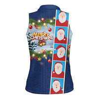 Merry Christmas Women Sleeveless Polo Shirt Funny Santa Claus Cards Photo and Polynesian Pattern Blue Color
