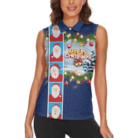 Merry Christmas Women Sleeveless Polo Shirt Funny Santa Claus Cards Photo and Polynesian Pattern Blue Color