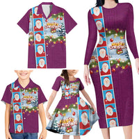 Merry Christmas Family Matching Long Sleeve Bodycon Dress and Hawaiian Shirt Funny Santa Claus Cards Photo and Polynesian Pattern Pink Color
