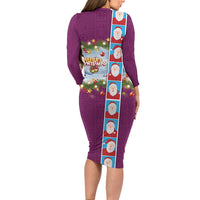 Merry Christmas Long Sleeve Bodycon Dress Funny Santa Claus Cards Photo and Polynesian Pattern Pink Color