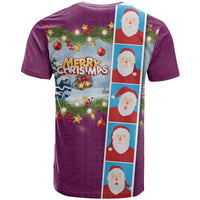 Merry Christmas T Shirt Funny Santa Claus Cards Photo and Polynesian Pattern Pink Color