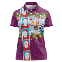 Merry Christmas Women Polo Shirt Funny Santa Claus Cards Photo and Polynesian Pattern Pink Color