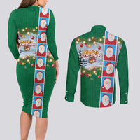 Merry Christmas Couples Matching Long Sleeve Bodycon Dress and Long Sleeve Button Shirt Funny Santa Claus Cards Photo and Polynesian Pattern Green Color