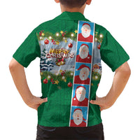 Merry Christmas Kid Hawaiian Shirt Funny Santa Claus Cards Photo and Polynesian Pattern Green Color