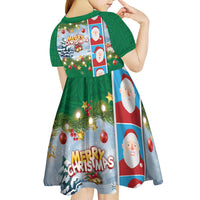 Merry Christmas Kid Short Sleeve Dress Funny Santa Claus Cards Photo and Polynesian Pattern Green Color
