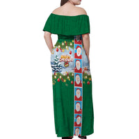 Merry Christmas Off Shoulder Maxi Dress Funny Santa Claus Cards Photo and Polynesian Pattern Green Color