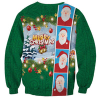 Merry Christmas Sweatshirt Funny Santa Claus Cards Photo and Polynesian Pattern Green Color LT03 - Polynesian Pride