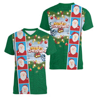 Merry Christmas Women V-Neck T-Shirt Funny Santa Claus Cards Photo and Polynesian Pattern Green Color