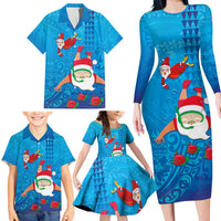 Hawaiian Santa Claus Snorkeling Family Matching Long Sleeve Bodycon Dress and Hawaiian Shirt Kakau and Polynesian Pattern