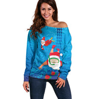 Hawaiian Santa Claus Snorkeling Off Shoulder Sweater Kakau and Polynesian Pattern