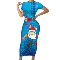 Hawaiian Santa Claus Snorkeling Short Sleeve Bodycon Dress Kakau and Polynesian Pattern LT03 Long Dress Blue - Polynesian Pride