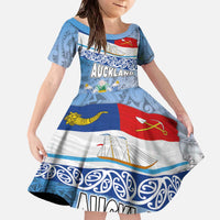 New Zealand Auckland Family Matching Off The Shoulder Long Sleeve Dress and Hawaiian Shirt Auckland's Flag and Coat of Arms - Koru Art Maori Pattern LT03 Daughter's Dress Light Blue - Polynesian Pride