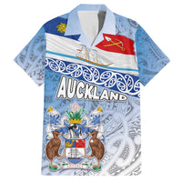 New Zealand Auckland Family Matching Off The Shoulder Long Sleeve Dress and Hawaiian Shirt Auckland's Flag and Coat of Arms - Koru Art Maori Pattern LT03 Dad's Shirt - Short Sleeve Light Blue - Polynesian Pride