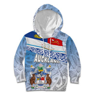 New Zealand Auckland Kid Hoodie Auckland's Flag and Coat of Arms - Koru Art Maori Pattern