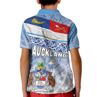 New Zealand Auckland Kid Polo Shirt Auckland's Flag and Coat of Arms - Koru Art Maori Pattern