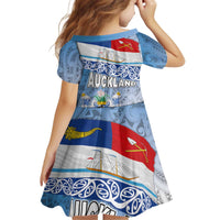 New Zealand Auckland Kid Short Sleeve Dress Auckland's Flag and Coat of Arms - Koru Art Maori Pattern