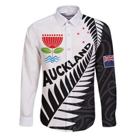 New Zealand Auckland Family Matching Tank Maxi Dress and Hawaiian Shirt Auckland's Emblem and Silver Ferns - Maori Art Tattoo LT03 Dad's Shirt - Long Sleeve Light Blue - Polynesian Pride
