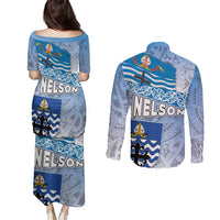 New Zealand Nelson Couples Matching Puletasi and Long Sleeve Button Shirt Nelson's Flag and Seal - Maori Art Tattoo