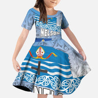 New Zealand Nelson Family Matching Tank Maxi Dress and Hawaiian Shirt Nelson's Flag and Seal - Maori Art Tattoo LT03 Daughter's Dress White - Polynesian Pride
